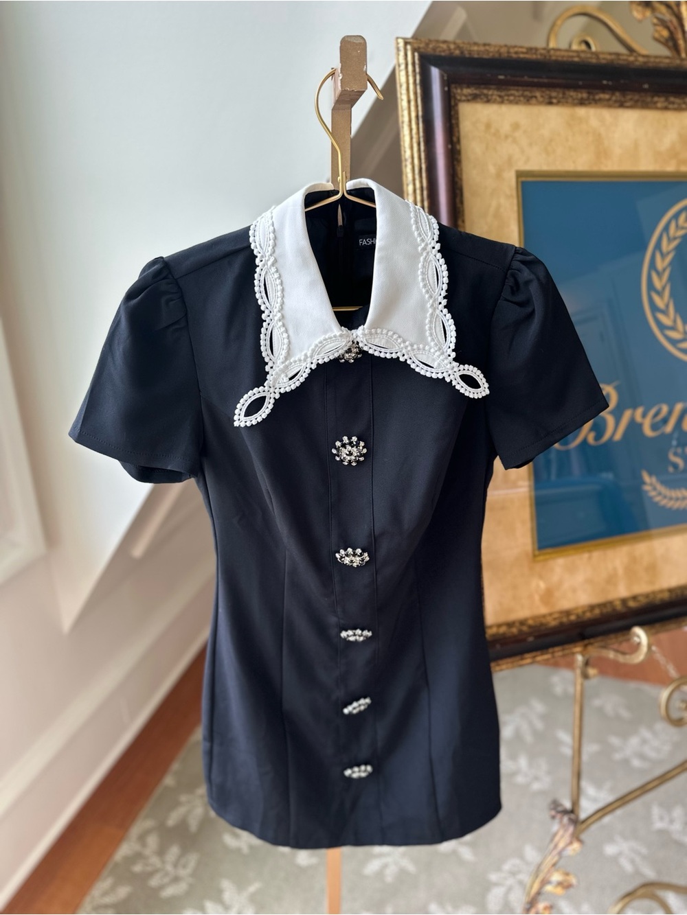 Darling Black Mini Dress with White Lace Collar by Fashion Nova sz xs